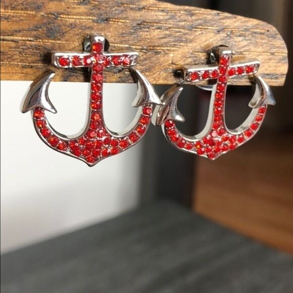 Red Anchor Rhinestone Earrings - Picture 4 of 5